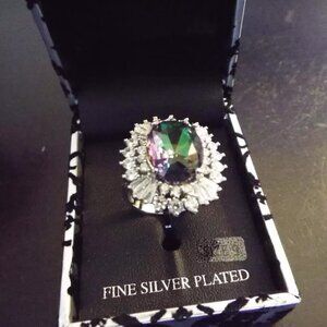 BADGLEY MISCHKA MYSTIC MAGIC CRYSTAL HALO SILVER PLATE SZ. 9 RING-BLACK BOX 42